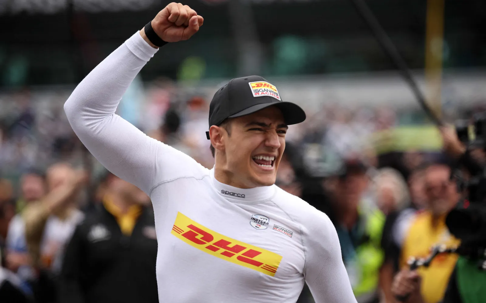 Alex Palou, from Chip Ganassi Racing Honda, celebrates after winning the NTT IndyCar Series109th Running Of The Indianapolis 500, May 25, 2025. (Photo by James Gilbert / GETTY IMAGES NORTH AMERICA / Getty Images via AFP)
