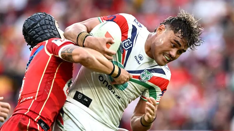 Jacob Laban of the Warriors takes on the defence during the round 17 NRL match between Dolphins and New Zealand Warriors at Suncorp Stadium, on June 27, 2026, in Brisbane, Australia.